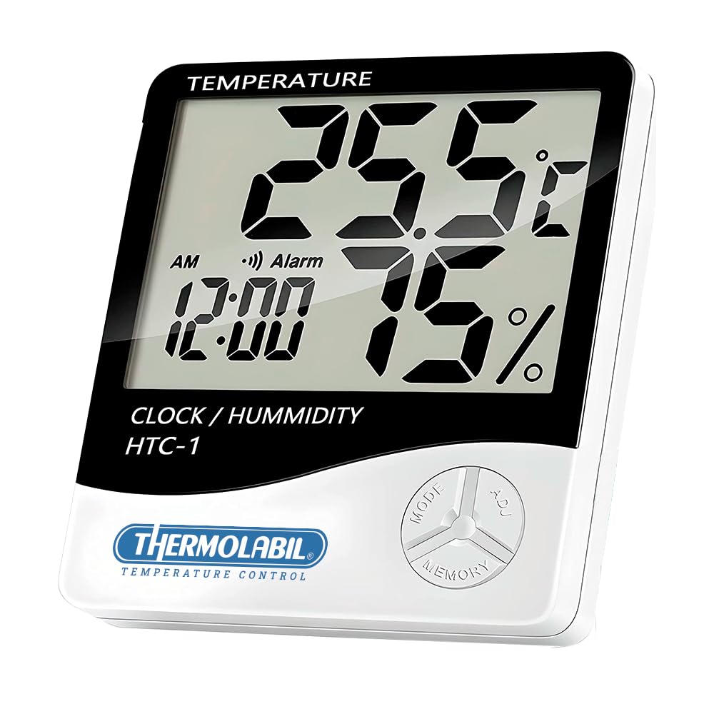 HTC-1 – Termohigrómetro Digital con Sonda – Temperatura y Humedad Interior/Exterior – Reloj y Calendario – Pantalla LCD Grande – Mesa o Pared