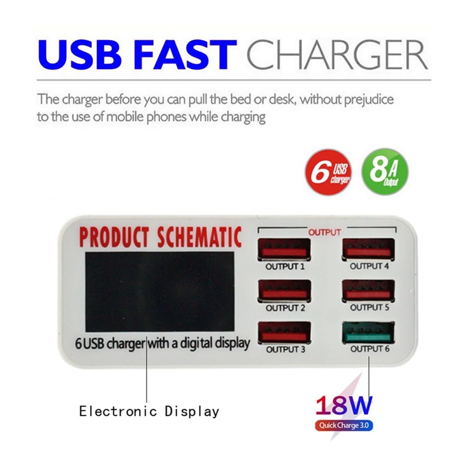 Caricatore USB C, Caricatore USB 8A QC3.0 con display LCD Caricatore for telefono cellulare da tavolo a 6 porte Ricarica rapida intelligente for smartphone Tablet PC, Veloce, Efficiente e Versatile(8