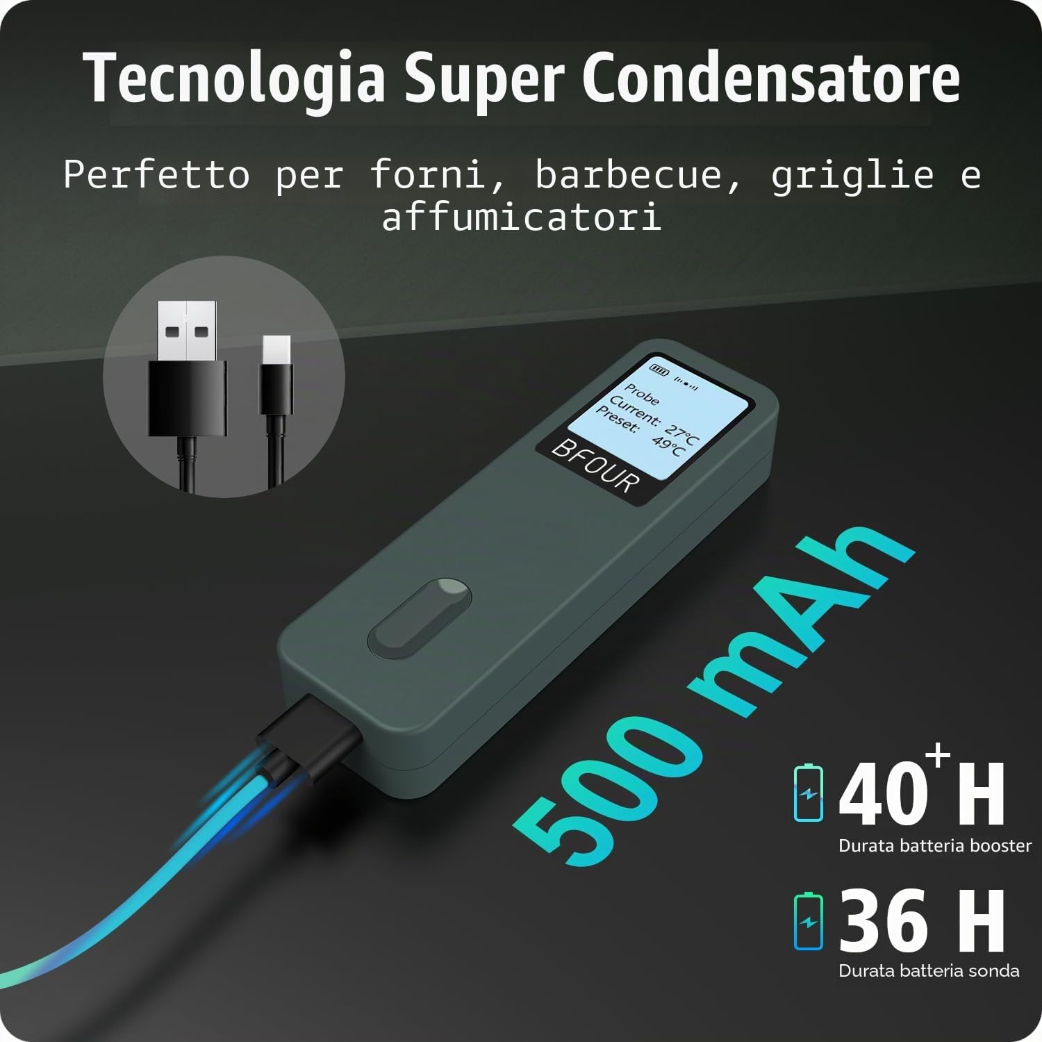 BFOUR Termometro wireless per carne, Bluetooth con app, misuratore di temperatura interna intelligente, grande display, termometro per arrosto IP67, impermeabile, controllo tramite app, per barbecue