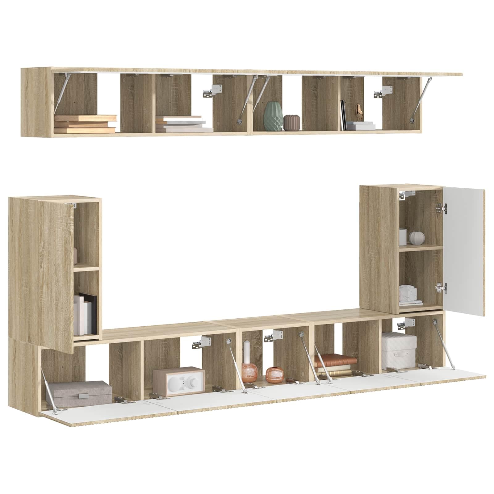 Zestaw szafek TV montowanych na ścianie, 5-częściowy, dąb sonoma, nowoczesne centrum rozrywki do salonu, 98 x 31 x 29,5 cm, oszczędność miejsca
