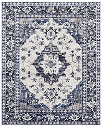 Area Rug Living Room Rugs: 9X12 Large Machine Washable Boho Carpet Vintage Medallion Floral Indoor Non Slip Decor Carpets For Under Dining Table Bedroom Farmhouse Nursery Home Office Blue #TOP1