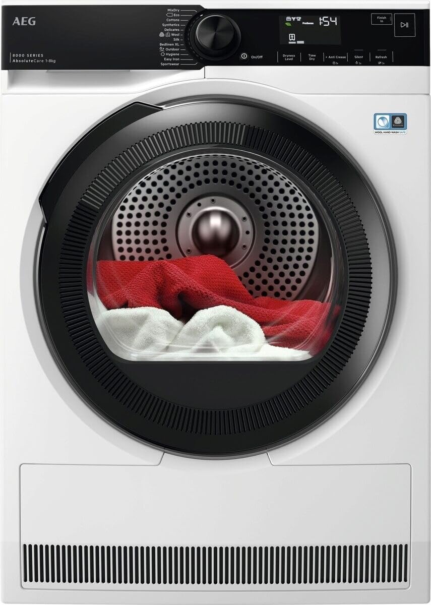 AEG 8000 Series Heat Pump Tumble Dryer 8 kg, A+++-10% Energy Class, TR848A4B2, AbsoluteCare for Wool Silk Outdoor, MixDry No Sorting, Hygiene 99.9%, SensiDry, ProSense+, 850x596x636 mm