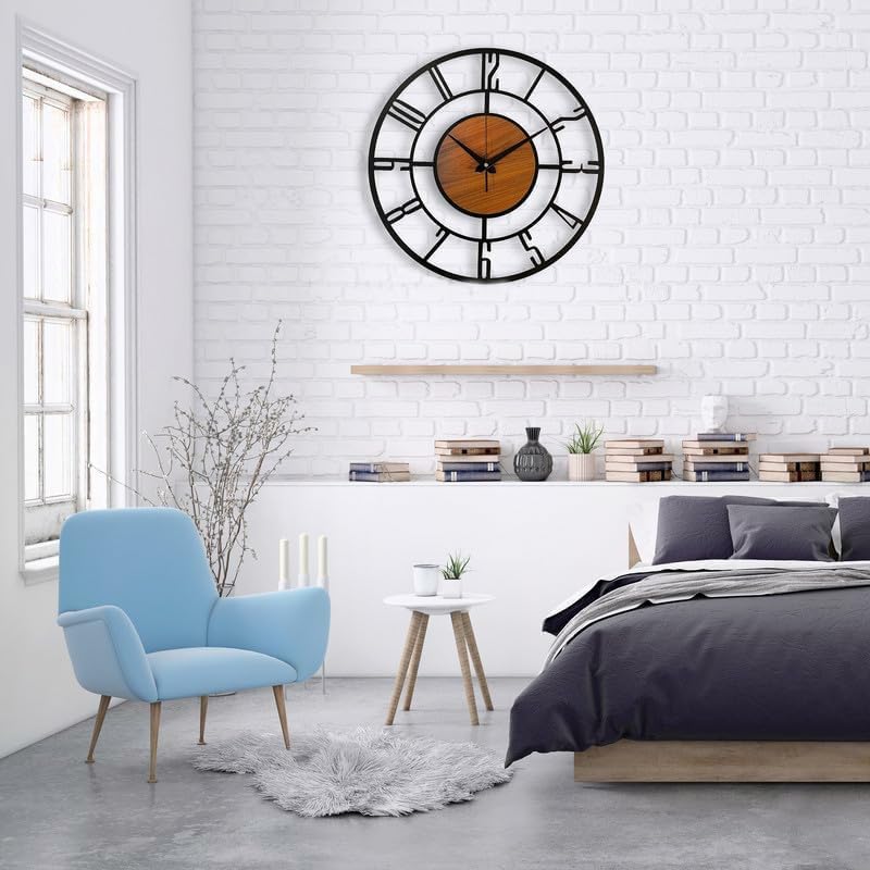 Image of Wall Clock Stylish Metal Analog Wall Clock for Living Room, Bedroom, Office, Kitchen, Home and Hall | Antique Fancy Big Size Modern Wall Watch (Black St-1 Wooden, 60 CM)