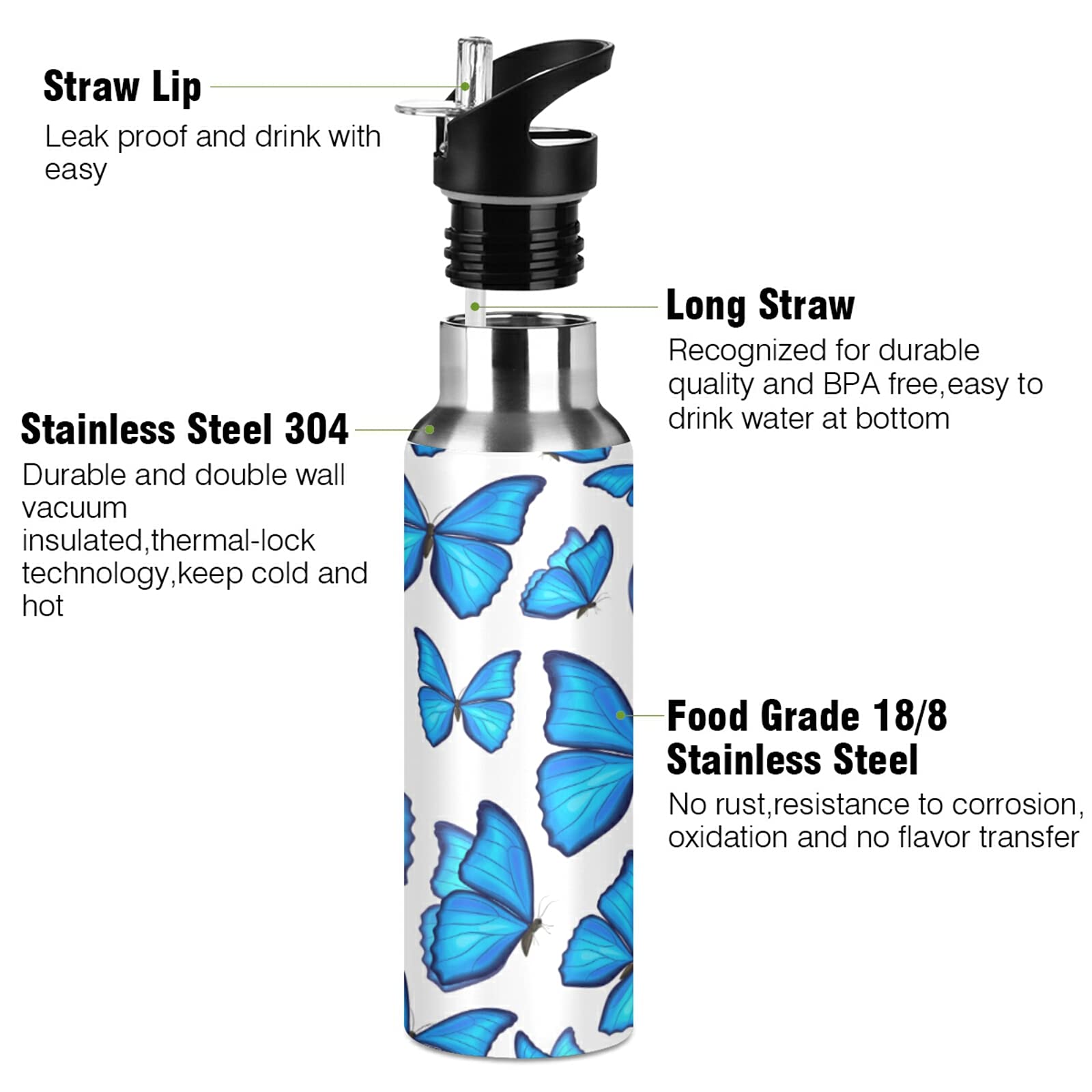 Bouteille d'eau de 650 ml avec paille, gourde de sport en acier inoxydable sans BPA pour salle de sport, cuisine, travail, extérieur