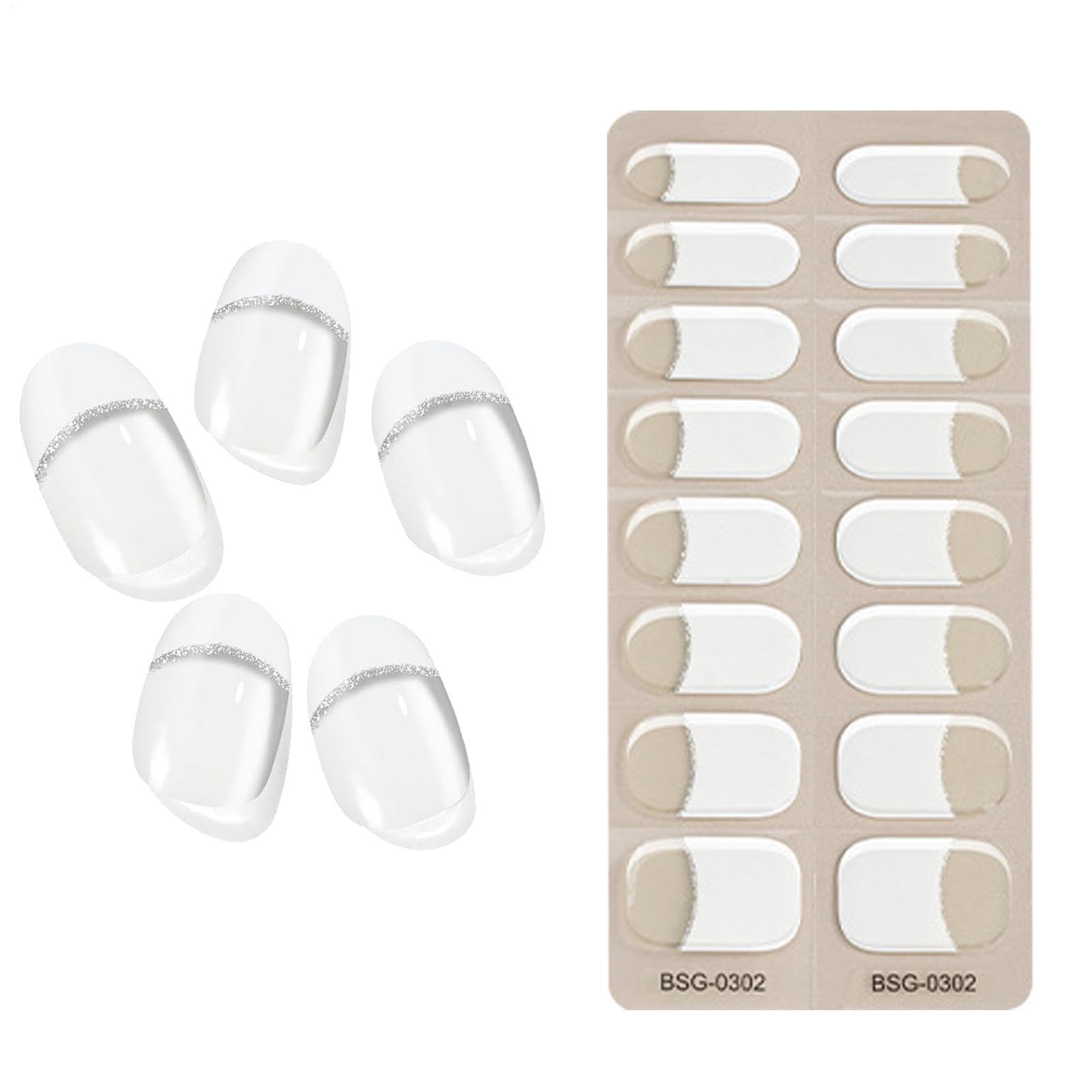 Semi Cured Gel Manicure Stickers, Gel Stickers for Nails, Magnetic Nail Wraps, French Tip Nail Strips, French Gel Nail Stickers, Glitter Gel Nail Stickers Works with UV Light for Nails