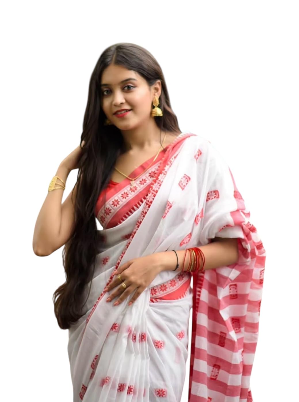 Handloom Cotton Saree, White with Grey Floral Print, Red Border, Striped Pallu-image-41