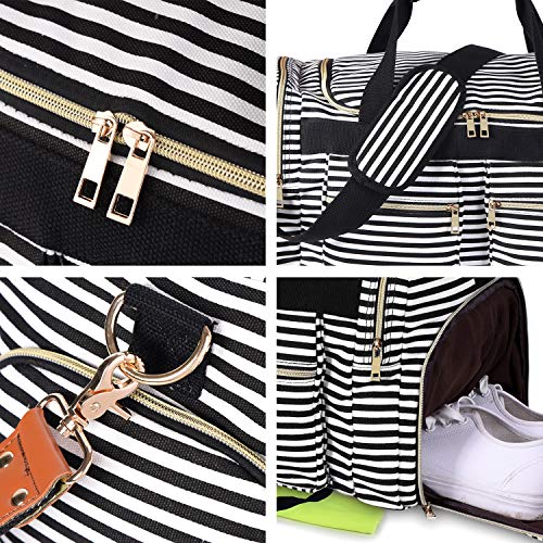 Weekender Overnight Duffel Bag Shoe Pocket for Women Men Weekend Travel Tote Carry On Bag (Stripe Black- 0.6cm)