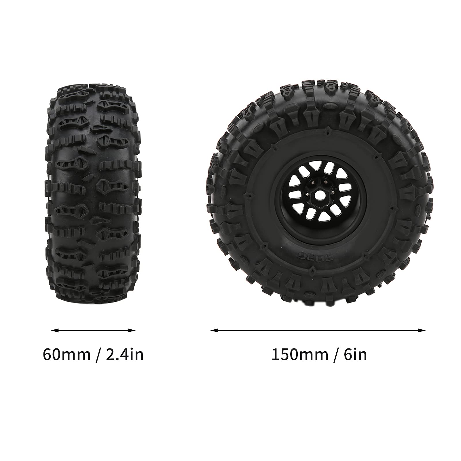 2 pezzi di pneumatici in gomma da 60 mm in lega di alluminio per auto RC con cerchi di precisione, pneumatici ad alta aderenza per fuoristrada, compatibili con Capra 1.9UTB, (Nero)
