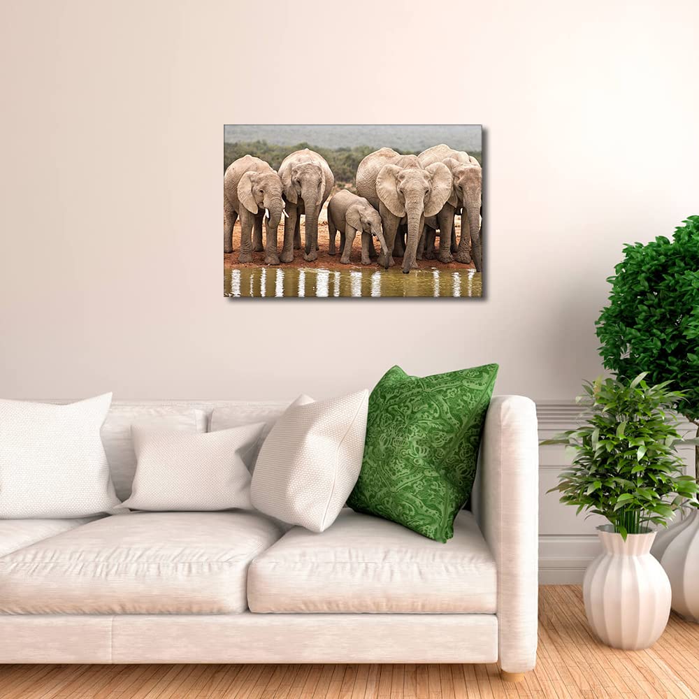 Canvas Wall Art Wild Animals Picture Artwork for Bedroom Wall Decorations for Kid's Room Living Room Hang Pictures Wall Artwork(16x24in-Wild Elephants Drinking by the River - Image 3