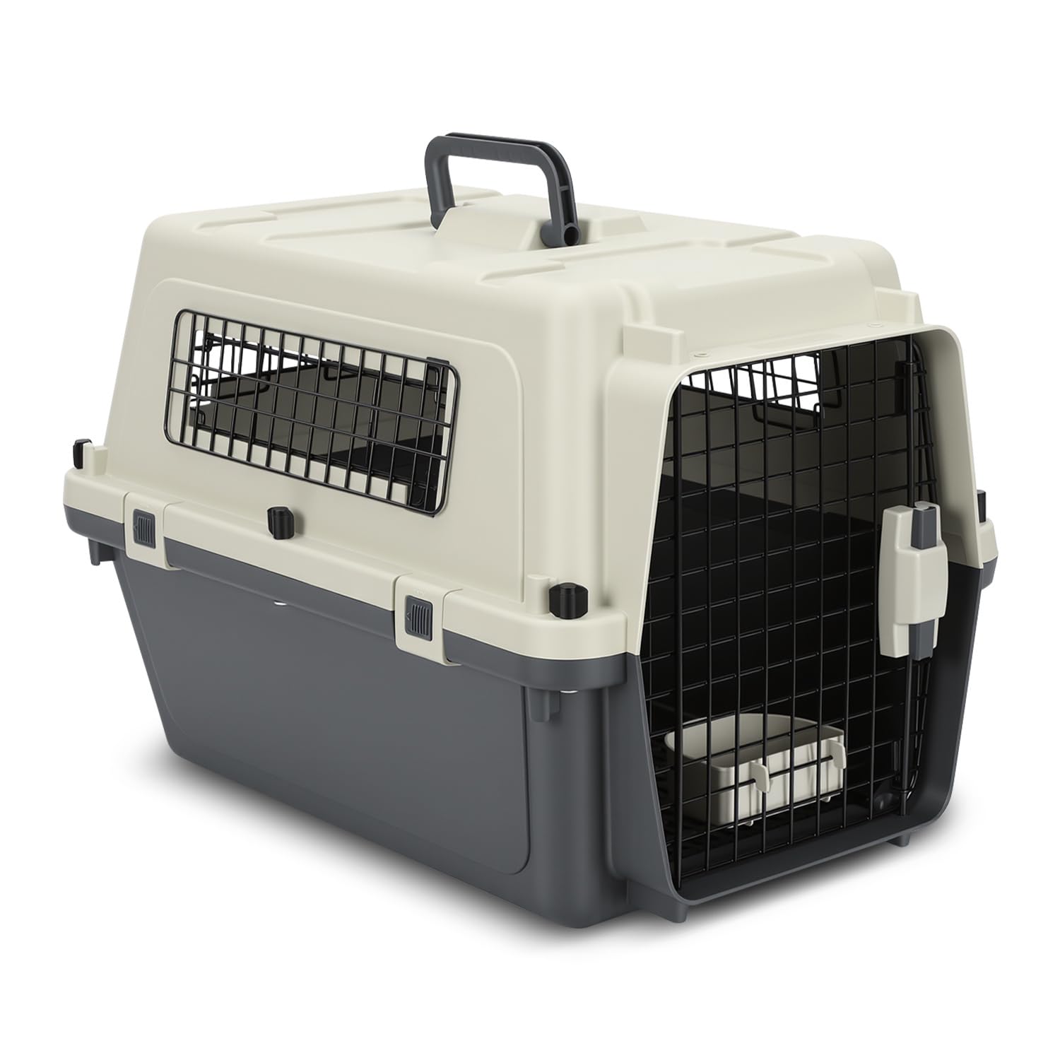 Haustier Luftkoffer Hund und Katze spezielle Transportkoffer PP Kunststoff Tür und Fenster mit Handgriff 60,4*42*39,8cm Haustier Transportkoffer mit Windeln und hängenden Schüsseln Grau Weiß