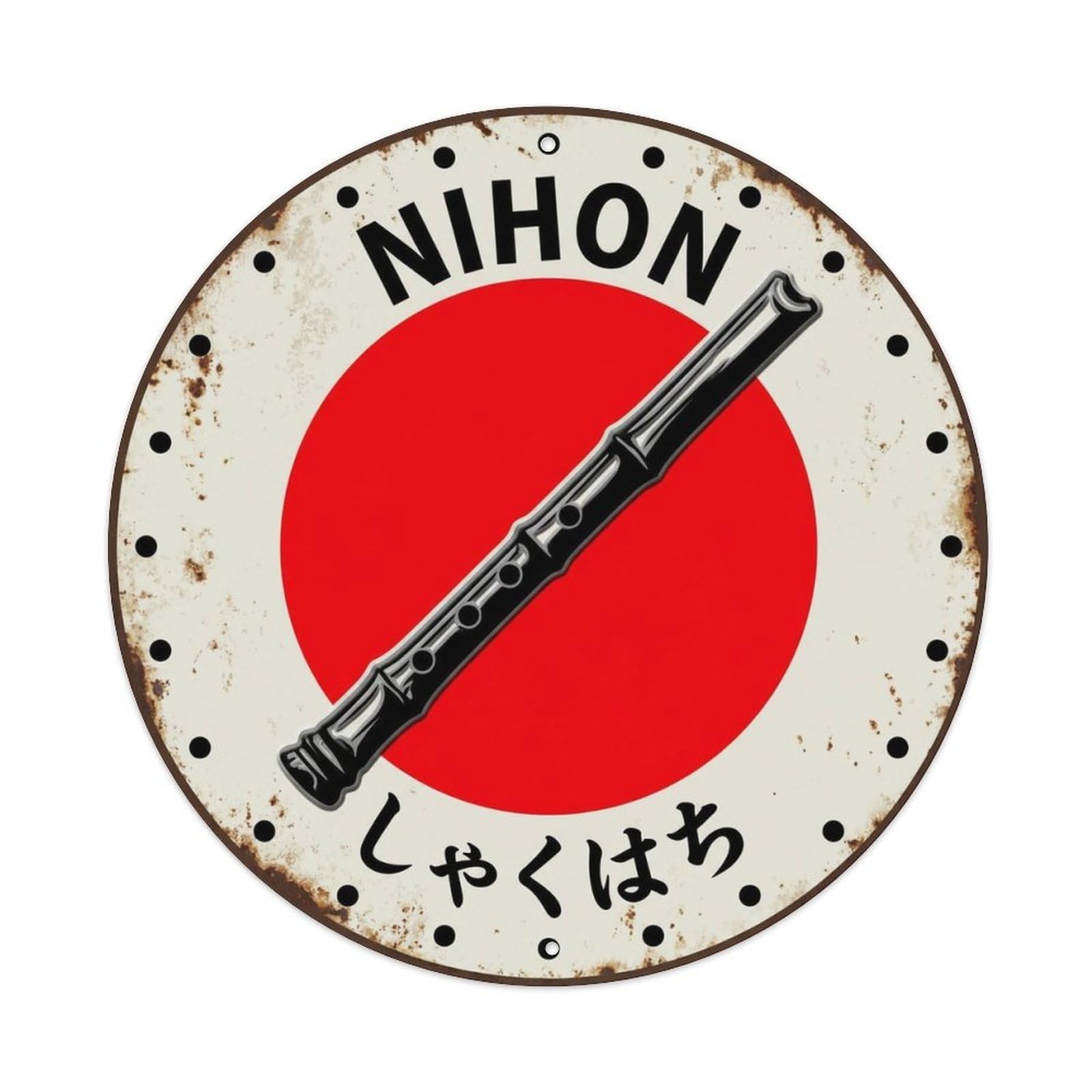 Shakuhachi Flute Nihon Bamboo Rustic Antique Badge Metal Tin Sign Plaque Wall Decor for Cafe, Man Cave, Club Bar, Office, Home Garden Round Metal Poster 8x8Inch