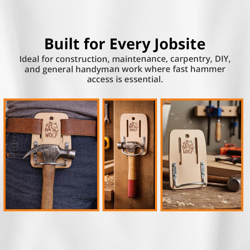 Wolf WTH2161I Genuine Leather Hammer Holder | Tool Holster for Men | Heavy Duty Steel Loop | Fits 3’’ Work Tool Belt Tunnel | Soporte para Martillo | Construction Contractor Maintenance Handyman