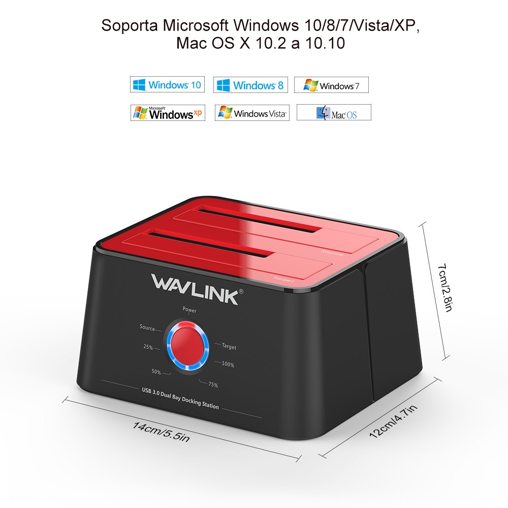 WAVLINK Base de Conexión Docking Station USB 3.0 a SATA Disco Duro Externo 2 Bahias, con Función de Offline Clon/Copia/UASP, para 2.5/3.5" HDD/SSD Soporta 2 x 16 TB