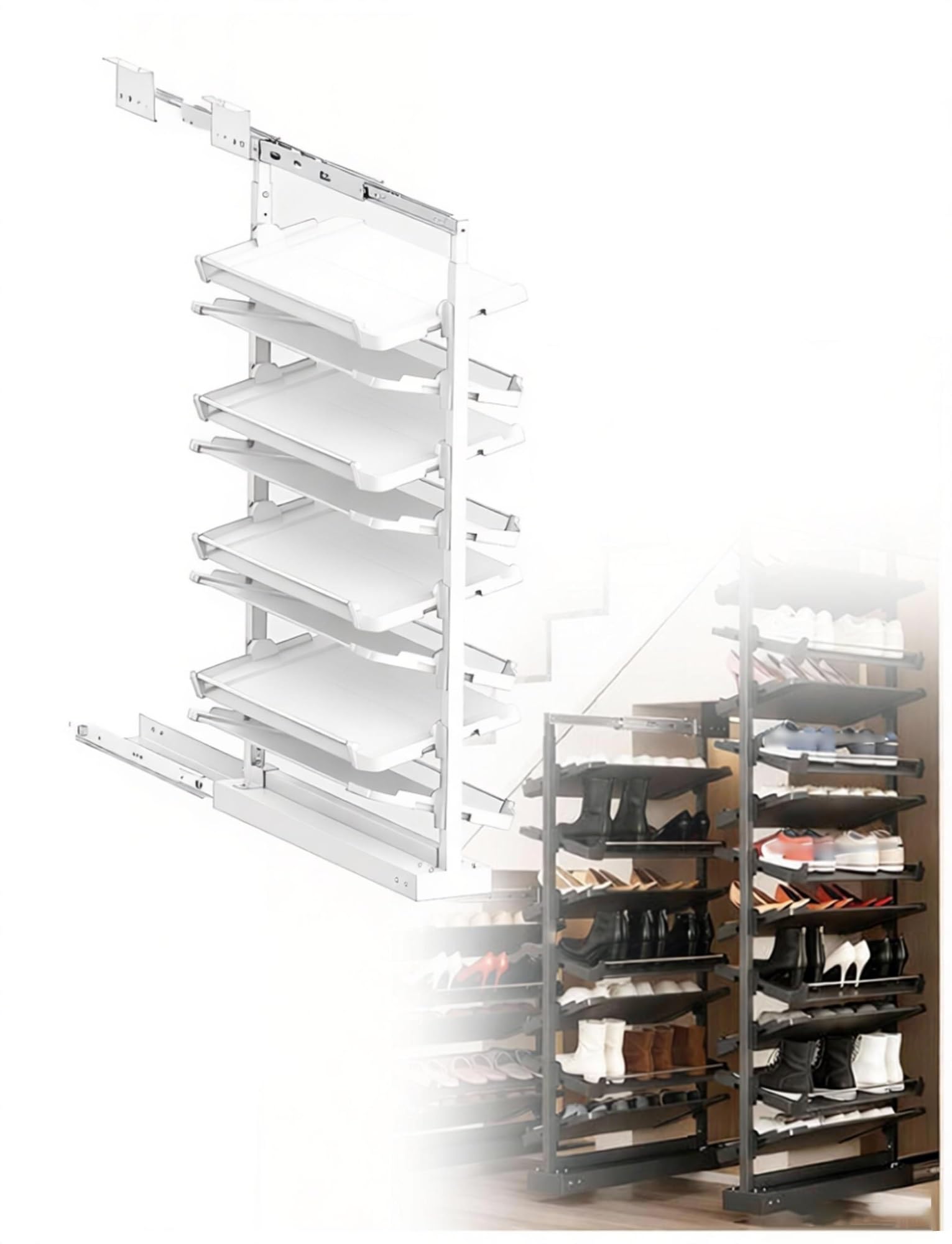 Zapatero extensible de 8 niveles, organizador de zapatos extraíble con base antideslizante para mayor fricción (48 cm de profundidad), solución de almacenamiento que ahorra espacio para el hogar