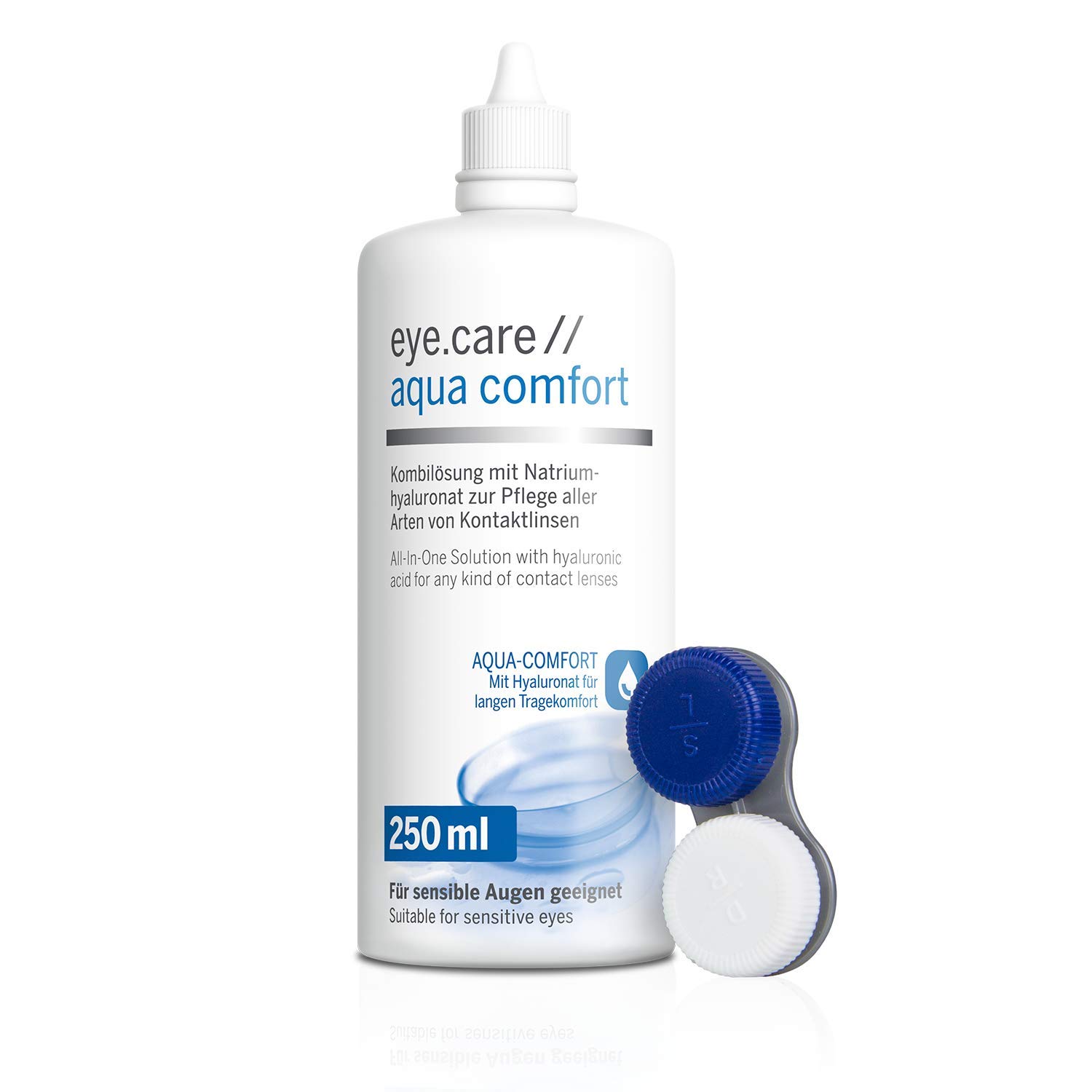 Eye.care płyn do soczewek kontaktowych – z hialuronem – premium 250 ml płyn pielęgnacyjny do wszystkich miękkich soczewek kontaktowych, w zestawie z antybakteryjnym pojemnikiem