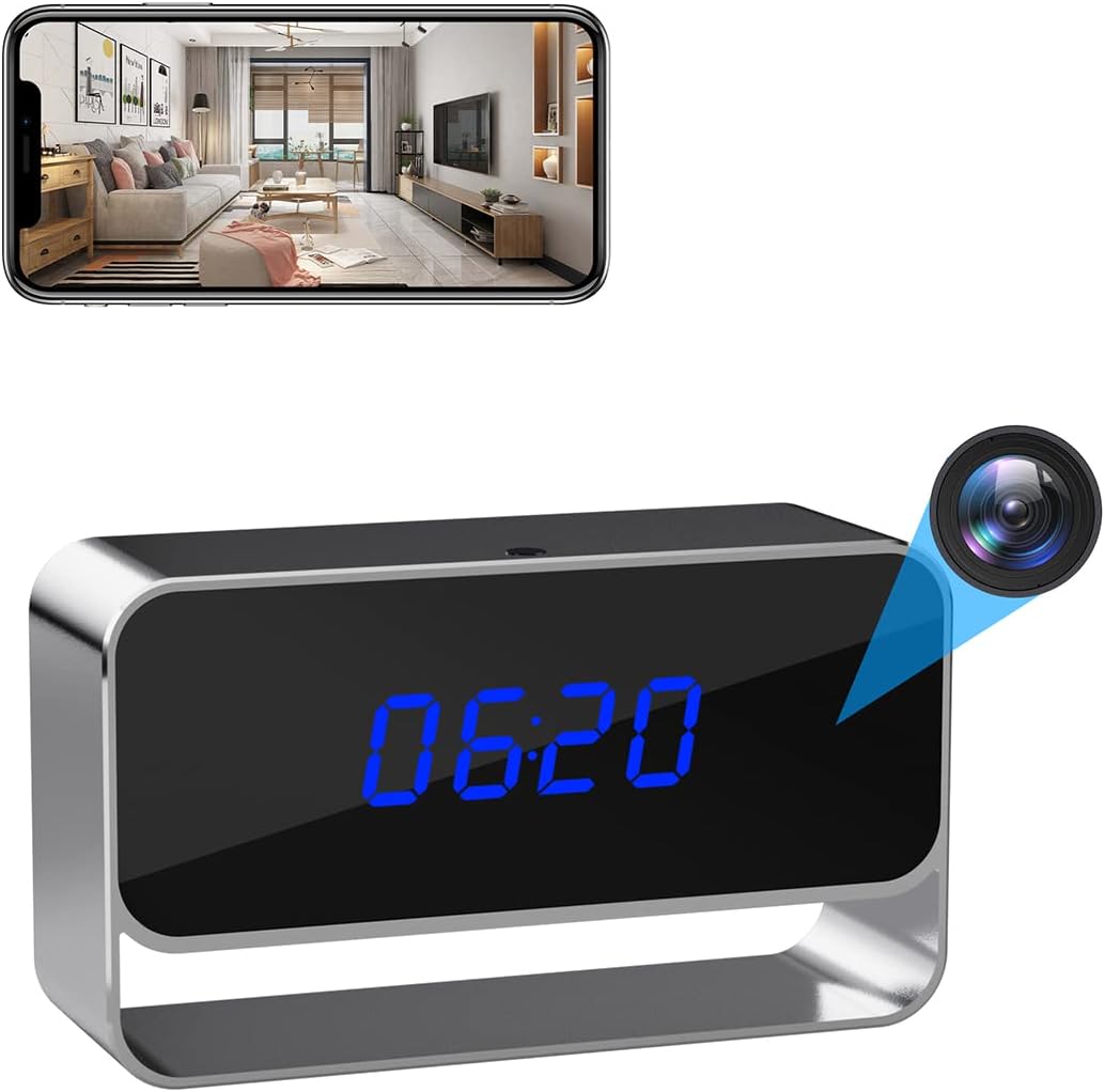 Hidden Camera Clock, Real 1080P HD WiFi Wireless Spy Nanny Cam with Night Vision, Motion Detection Alert, Remote Monitoring, Indoor Camera for Home Surveillance, Grey