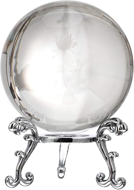 IMIKEYA Clear Crystal Ball Sphere with Metallic Stand Rose Flower Suncatchers Ball Globe Feng Shui Fortune Telling Ball Photography for Home Desktop Silver