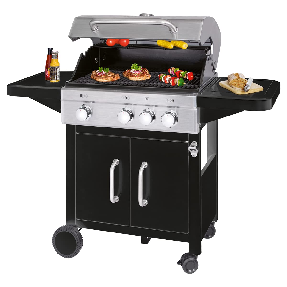 ProfiCook PC-GG 1219 - Barbacoa de gas, 3 quemadores de acero inoxidable + fogones adicionales (3 + 1), superficie de parrilla de 66 x 38 cm, 4 ruedas (2 de ellas con bloqueo), color negro