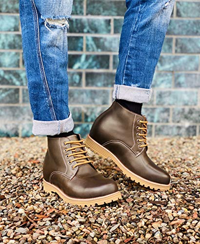 Image of CALTO Men's Invisible Height Increasing Elevator Shoes - Dark Brown Premium Leather Lace-up Round-toe Work Boots - 3.4 Inches Taller - S8752 - Size 6 D(M) US