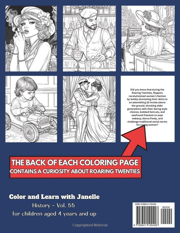 50 Roaring Twenties Coloring Pages Book for Kids and Adults: +50 Amazing Facts about Roaring Twenties. Coloring Book for Children and Grown-Ups. Color and Learn with Janelle - History - Vol. 55 - Image 2