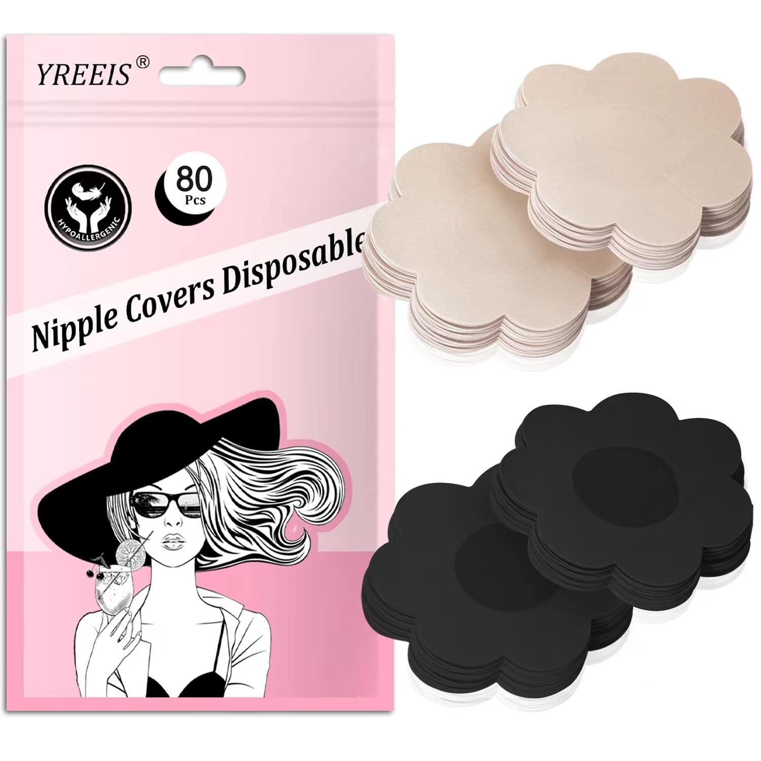 YREEIS40 Pcs Nipple Covers For Women Hypoallergenic Disposable Adhesive Nipple Pasties No-Show Satin Breast Petals Stickers