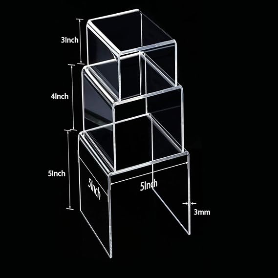 Clear Acrylic Display Risers, 3 Pieces Showcase Shelf for Figures, Buffets, Cupcakes and Jewelry Display Stands, with Sticky Protective Film