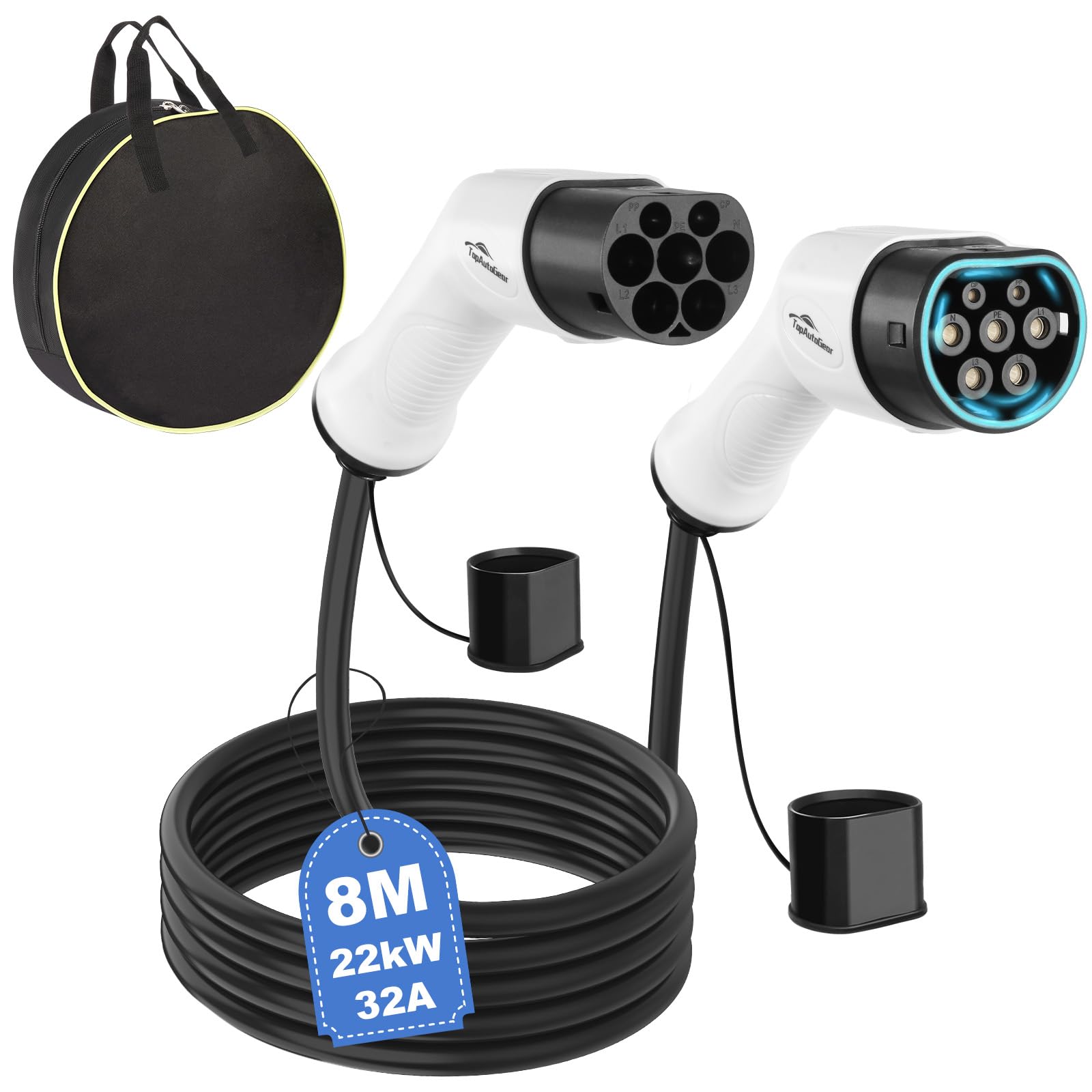 TopAutoGear Typ 2 Ladekabel 22kW 8m 32A 3-Phasen Mode 3 Ladekabel Typ 2 mit Tragetasche für EV/PHEV - E-Auto geeignet für Model X/Y/S/3, e-Golf, ID.3, i3/i8, IP65 wasserdicht