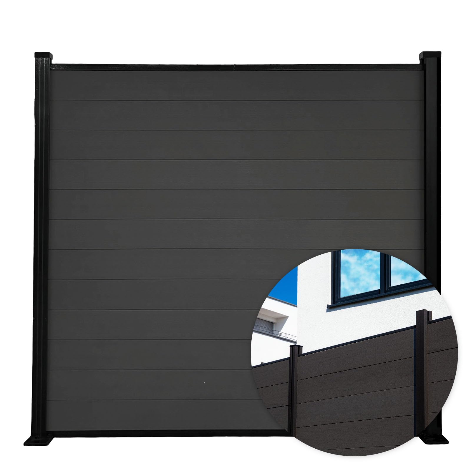 Floordirekt Gartenzaun 180x180cm mit Aluminium Pfosten - WPC Zaun Komplettset Kronos - Sichtschutzzaun - Windschutz Sichtschutz für Terrasse & Garten - Inklusive Montagematerial (Black)
