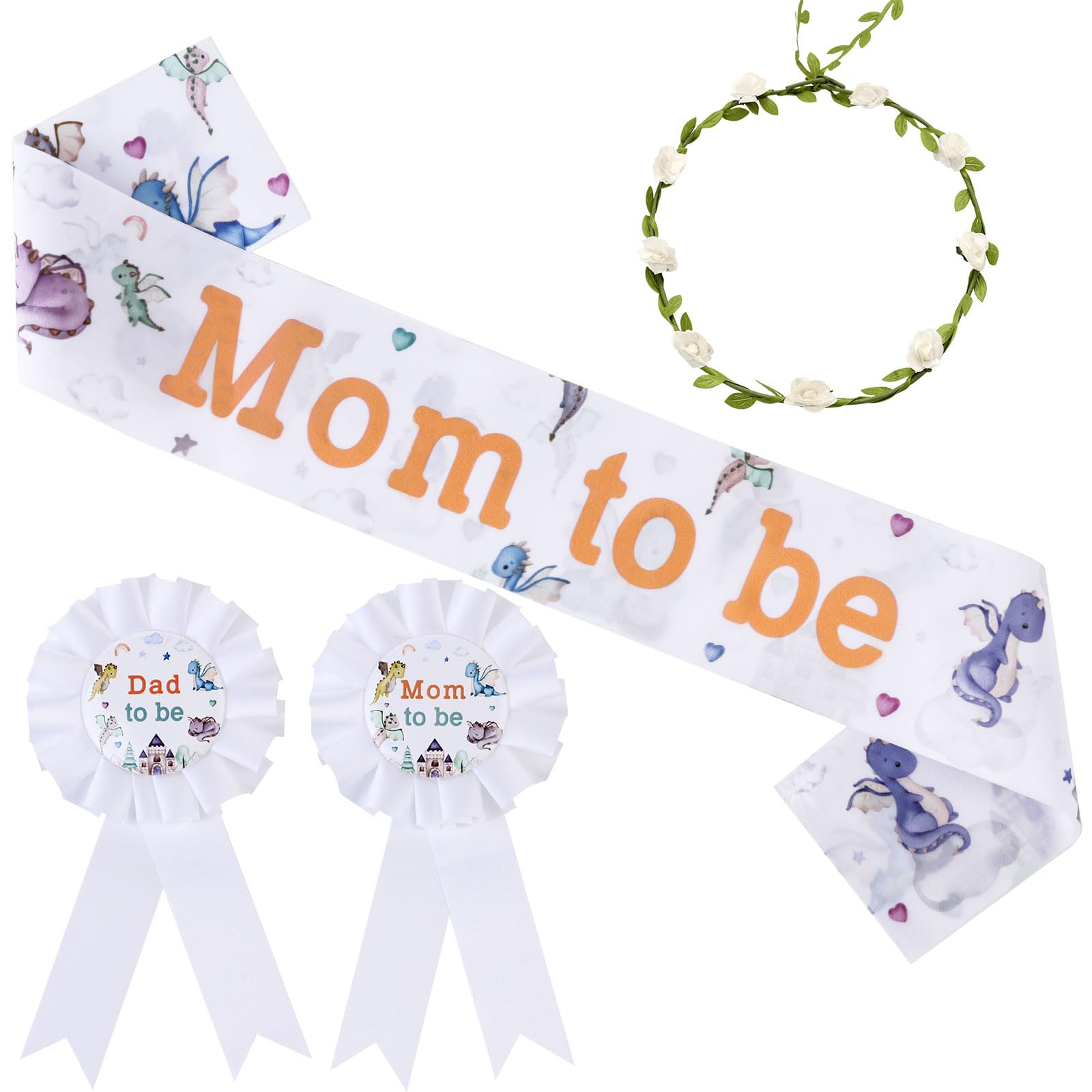 Serencatcher Dragon Baby Shower Decorations, Dragon Mom to Be Maternity Sash Mom Dad to Be Button Tinplate Badge Pin Flower Crown Headband for Dragon