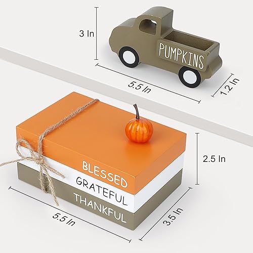 Miniatura 6 de AKEROCK Decoración de mesa de otoño, letreros de otoño de madera de granja con apilamiento de libros, camión 3D y 5 calabazas individuales para