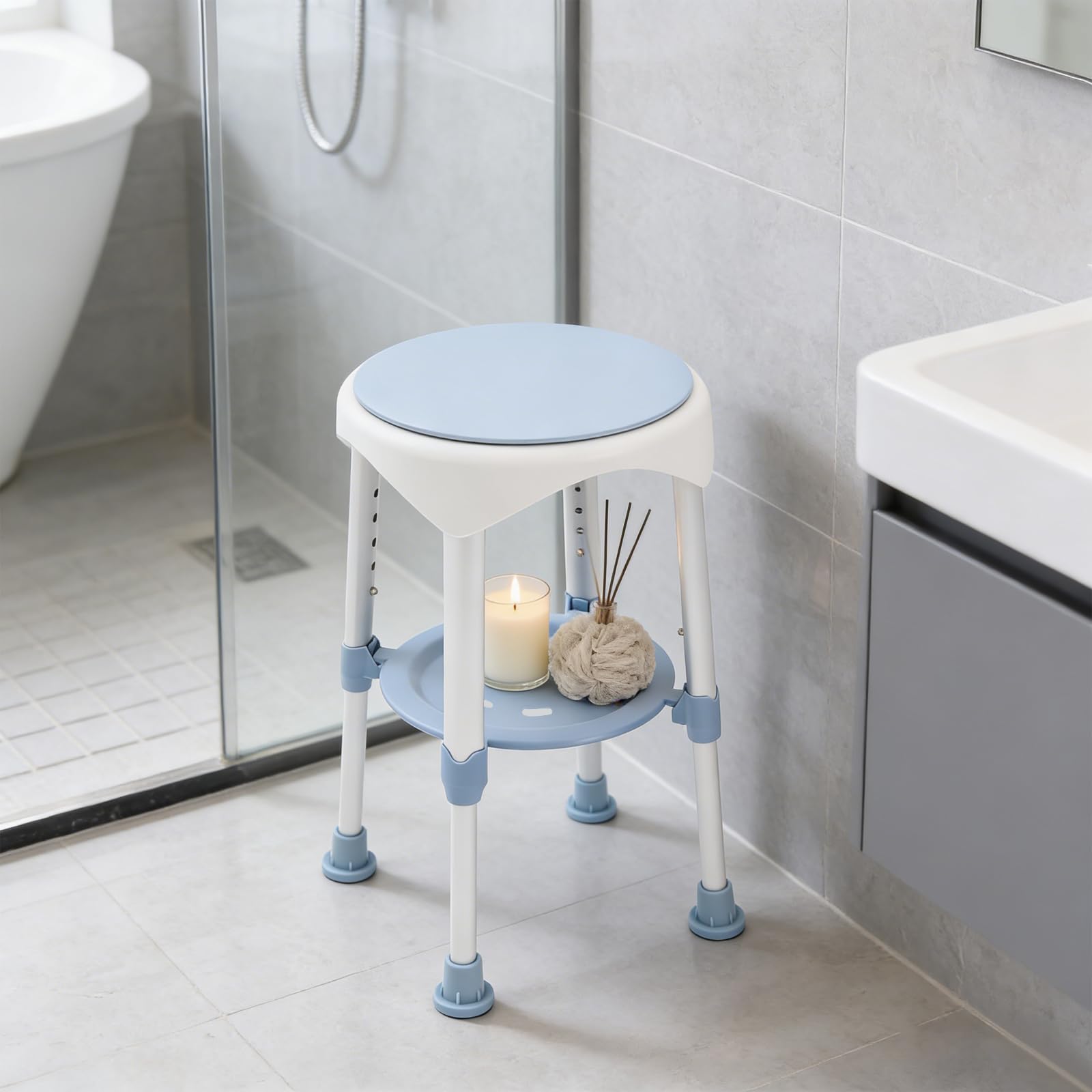 Taburete de ducha giratorio para personas mayores, asiento de ducha giratorio 360°, silla de baño con estante, altura regulable hasta 150 kg, color azul