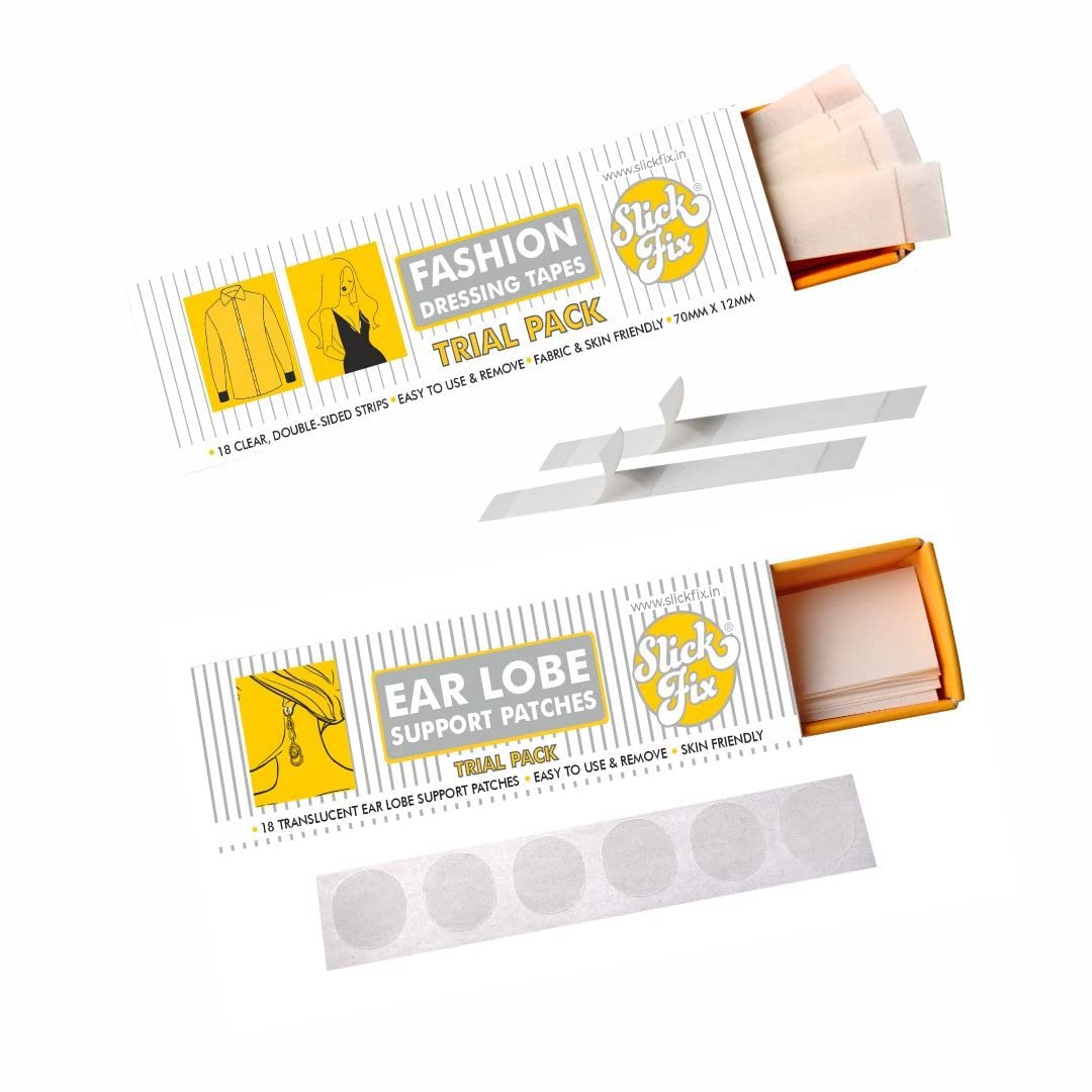 SlickFix Trial Pack Combo - Fashion Dressing Tape & Ear Lobe Support Patches (18 pcs each) | Double sided body tape for women | Ear lobe protector and Fashion tape for dresses (B0BCZ1CBYP) Amazon Price History, Amazon Price Tracker