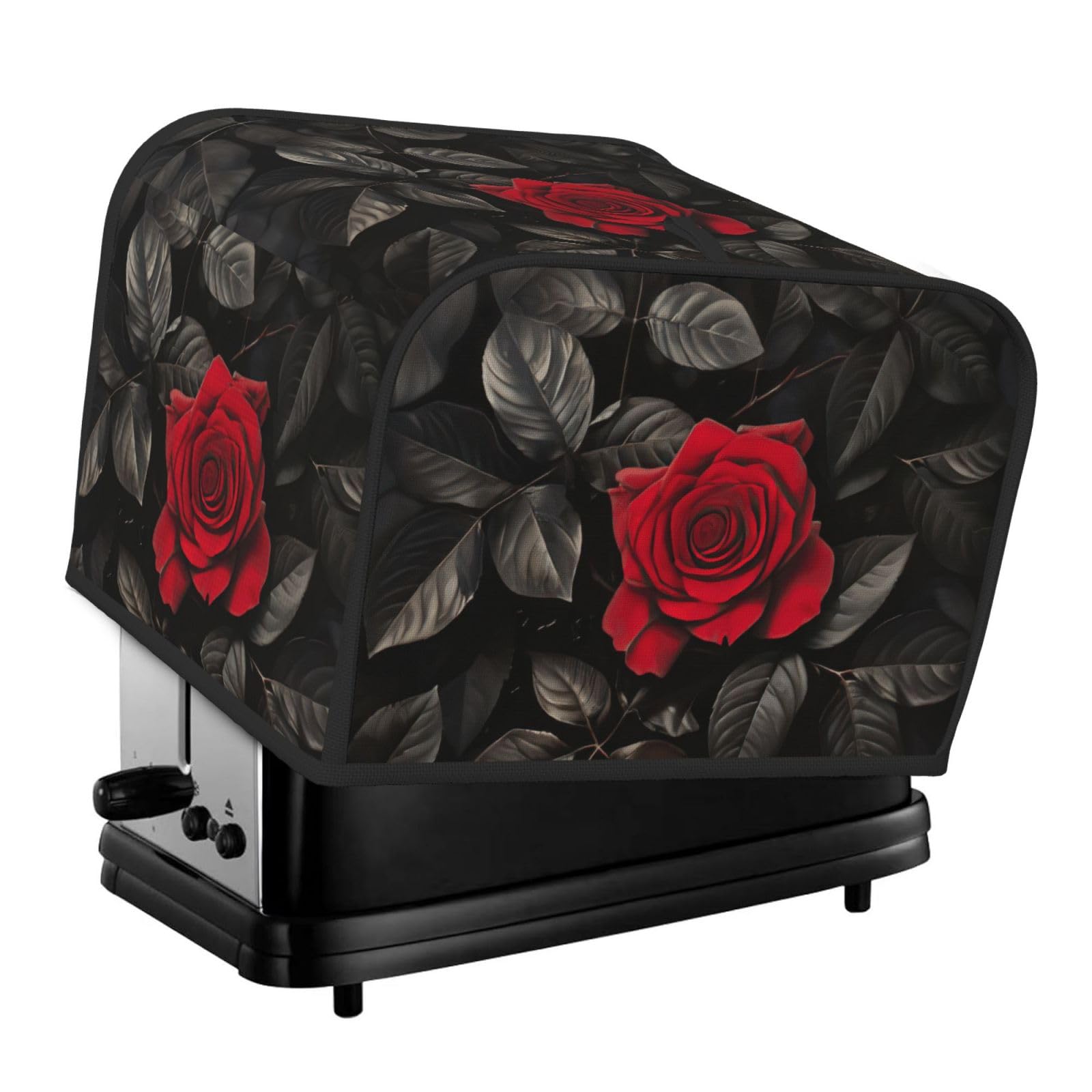 Red Rose And Black Leaves Print 4-Slice Toaster Cover Dustproof Waterproof Kitchen Appliance Protector For Bread