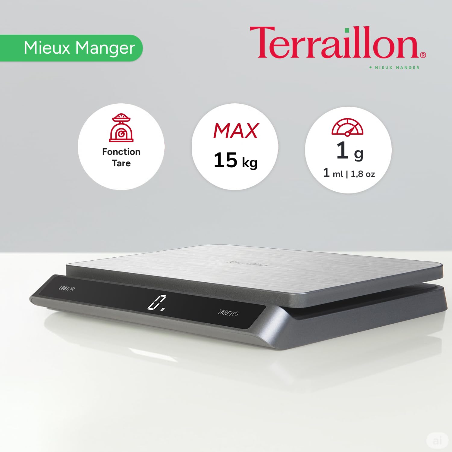 TERRAILLON - PRO USB15 - Balance de cuisine électronique professionnelle, Large plateau Inox 23 x 16 cm, capacité 15 kg, graduation 1 g, Rechargeable USB C, Ecran LED Rétroéclairé - Inox