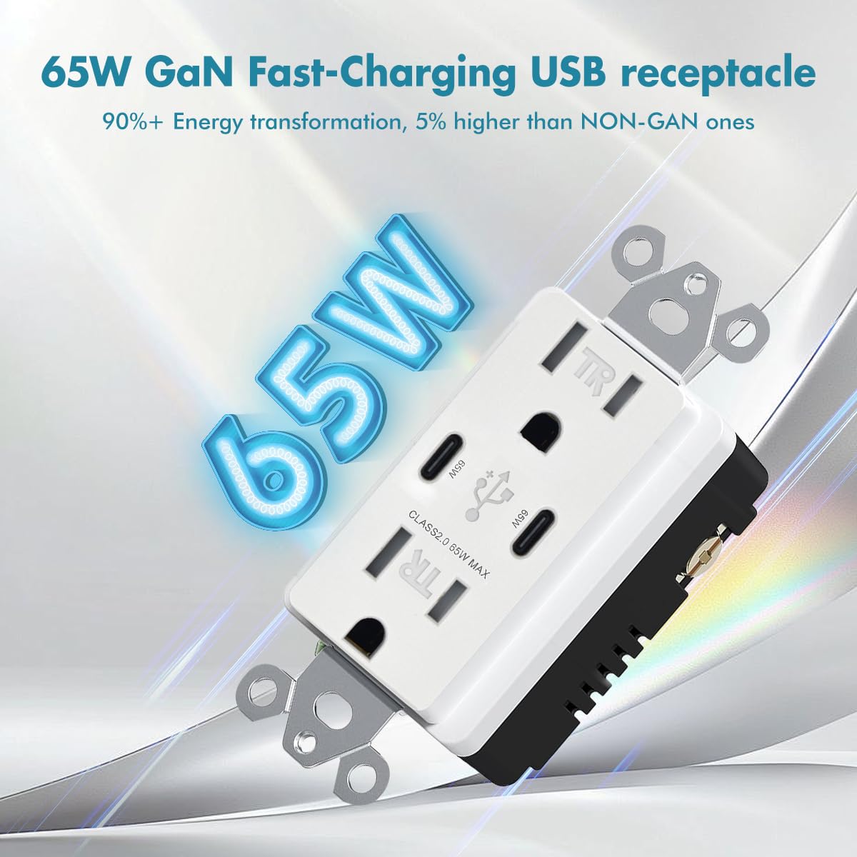 Micmi 65W 2-Port USB C Wall Outlet, PD 3.0 GaN Tamper-Resistant 15 Amp Electrical Receptacle with Dual Type C Ports, Fast Charging for Phone/Laptop Screwless Wall Plate Included, ETL Listed (15A, 10)