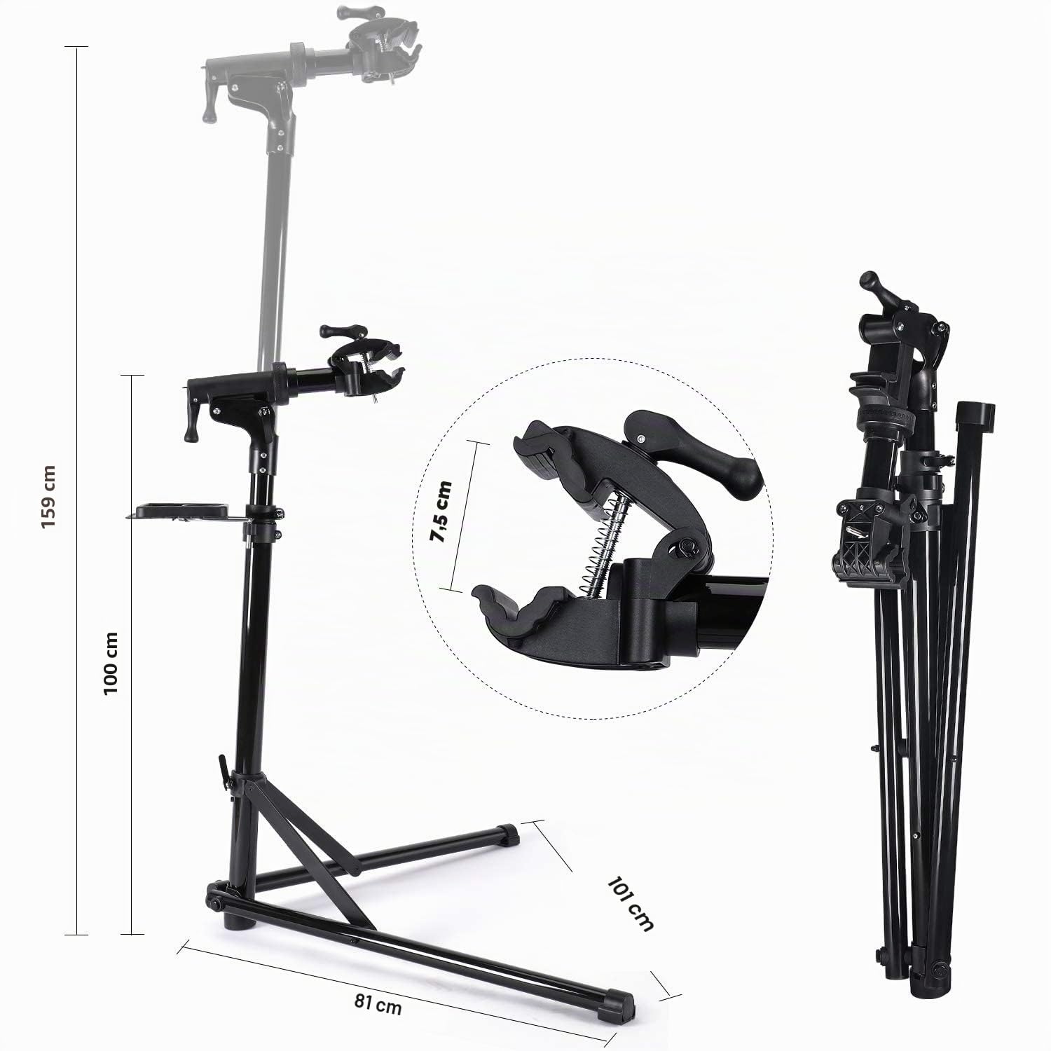 CXWXC Cavalletto per Riparazione Bici, Supporto per Manutenzione Bicicletta in Alluminio, con Vassoio Porta Utensili Magnetico, Regolabile, Leggero, Portatile Nero (Nero)
