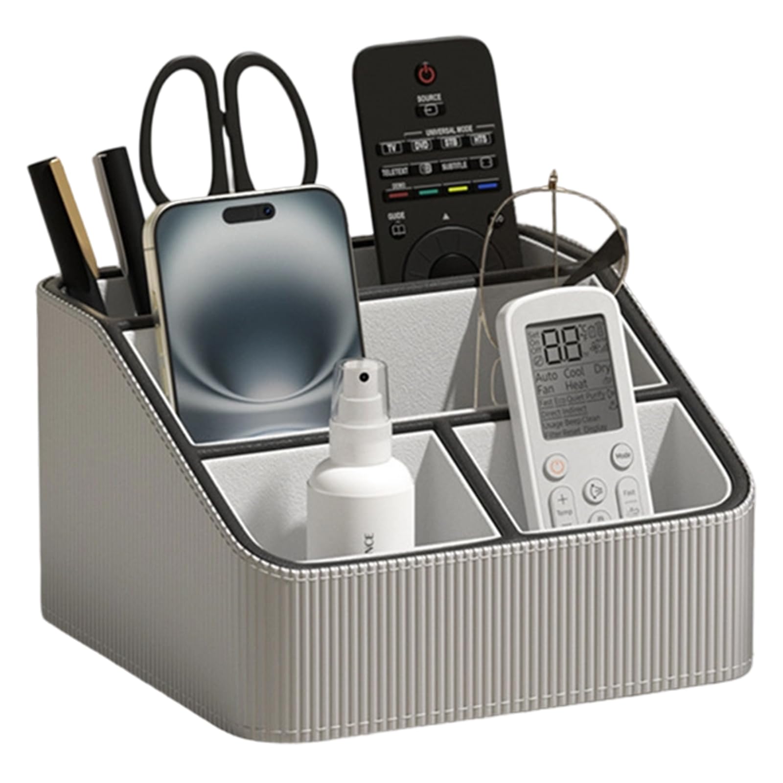 Compact desktop storage box for remote controls, pens, notebooks, glasses and accessories, space-saving design, compact desktop storage box for remote controls, pens, notebooks, glasses