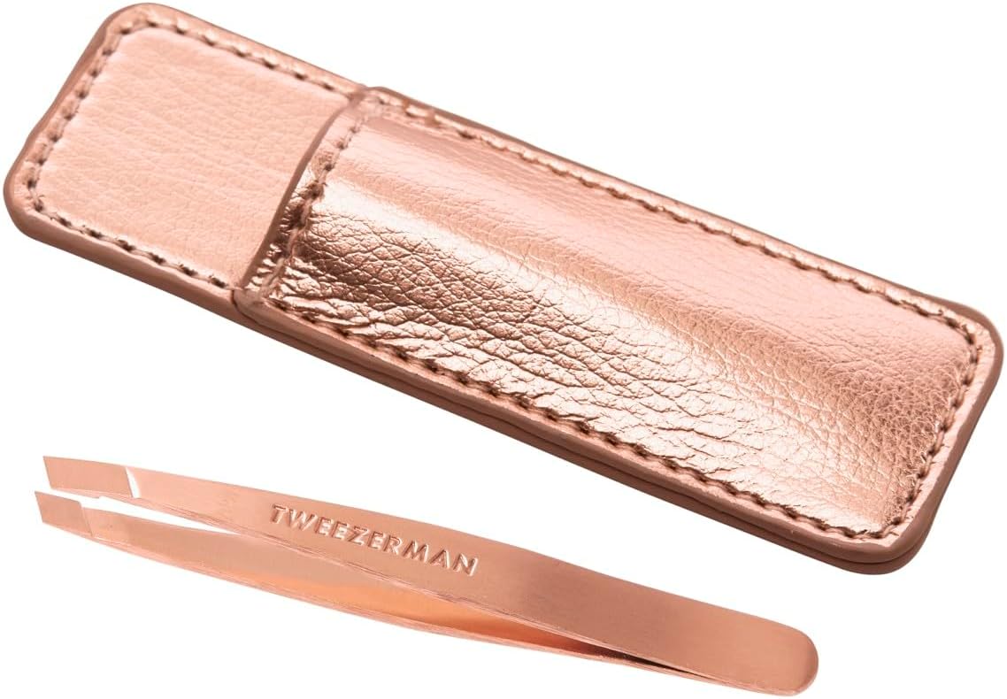 Rose Gold Mini Slant Tweezer with Case, Professional Stainless Steel Precision Tweezers for Facial Hair and Eyebrows, with Travel Case, (Pack of 1)