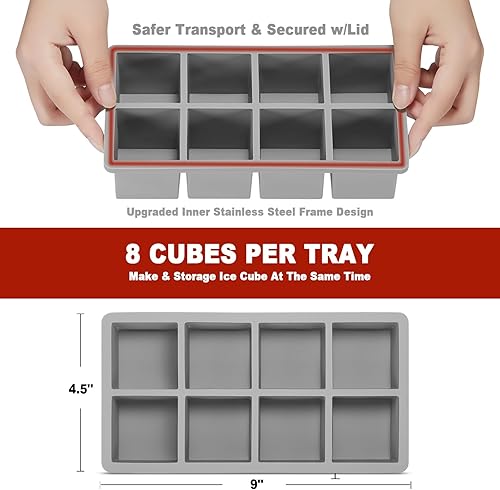 Miniatura 5 de Nax Caki Bandeja grande para cubitos de hielo con tapa, paquete de 4 (nueva versión 2024), moldes apilables de silicona para cubitos de hielo de 8