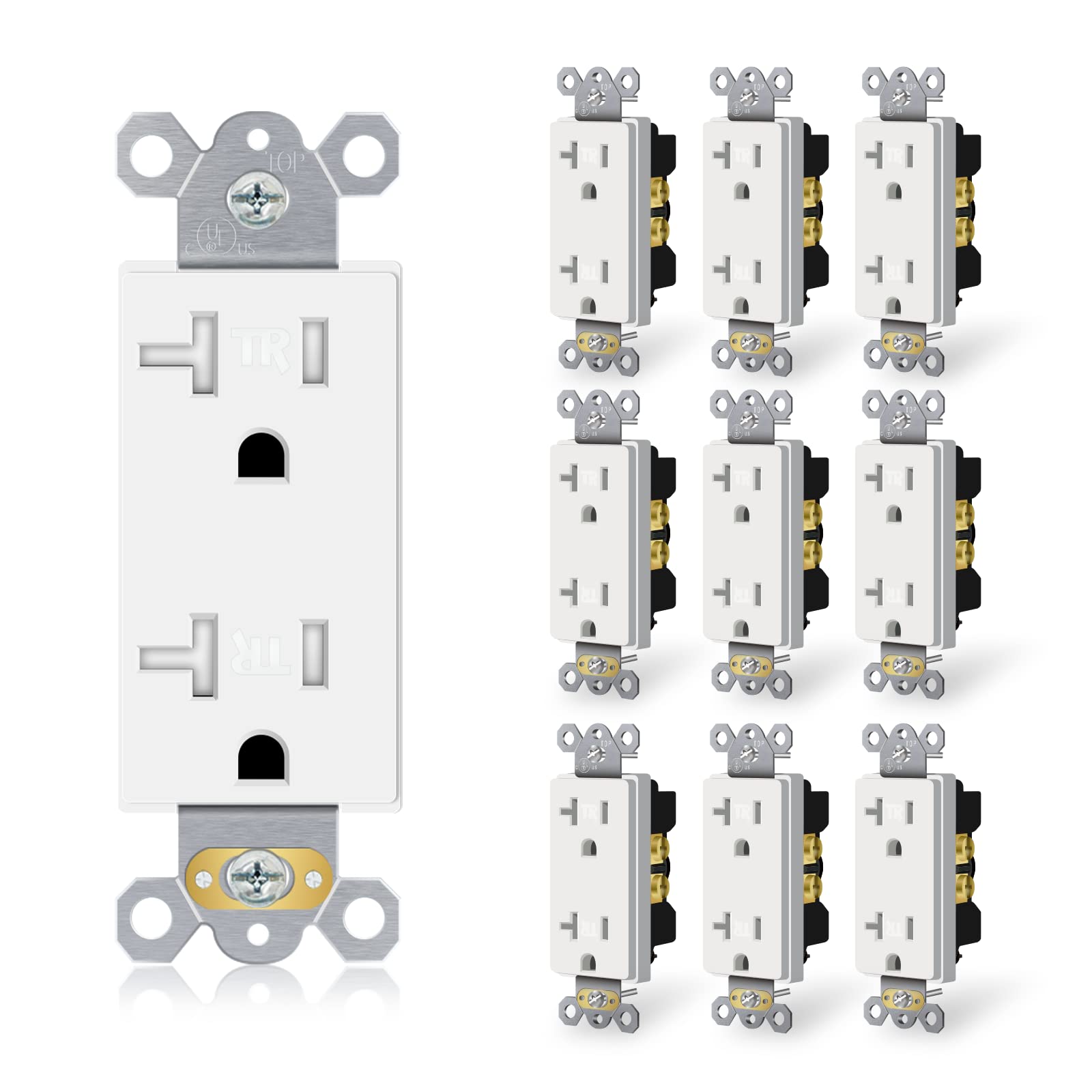 10 Pack 20A Decorator Wall Receptacle Outlet, Residential and Commercial Use, Tamper-Resistant Standard Receptacle, 2 Pole 3 Wire, Self-Grounding, Child Proof, UL Listed, White,