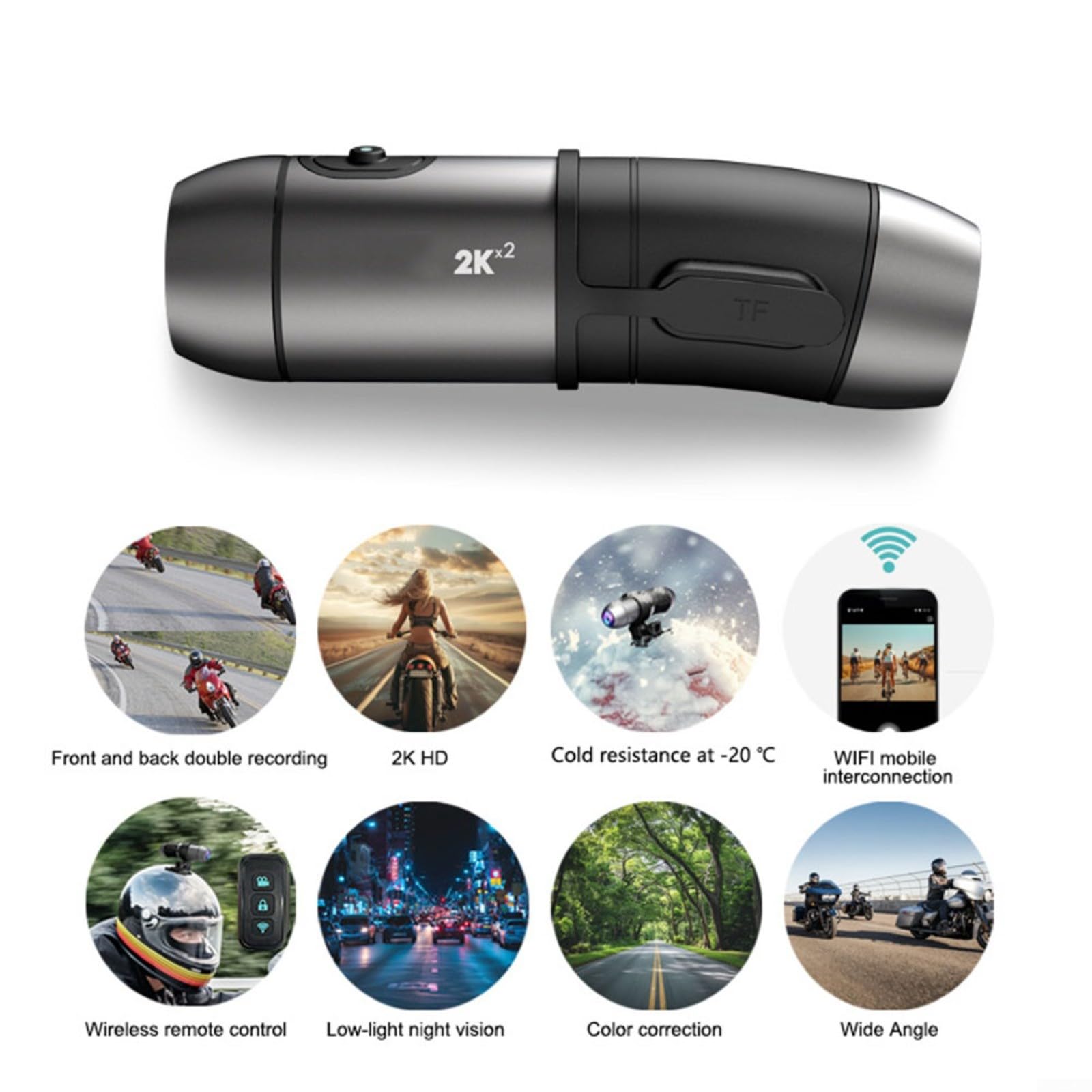 Cámara de doble acción con WiFi, cámara deportiva impermeable antivibración para casco de motocicleta para grabación de bicicleta, gris