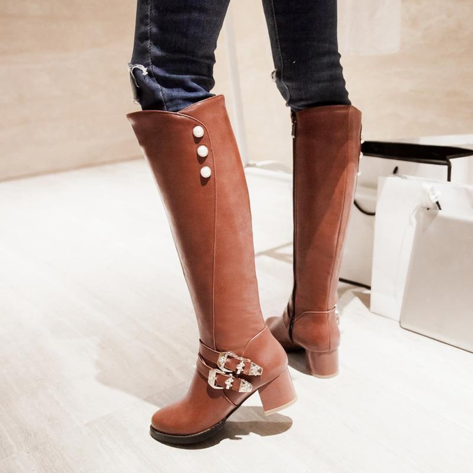 Stivali alti al ginocchio da donna con tacco a blocco grosso a punta con cerniera in pelle PU stivali di grandi dimensioni eleganti eleganti accoglienti scarpe casual autunno inverno, B caffè, 42.5 EU
