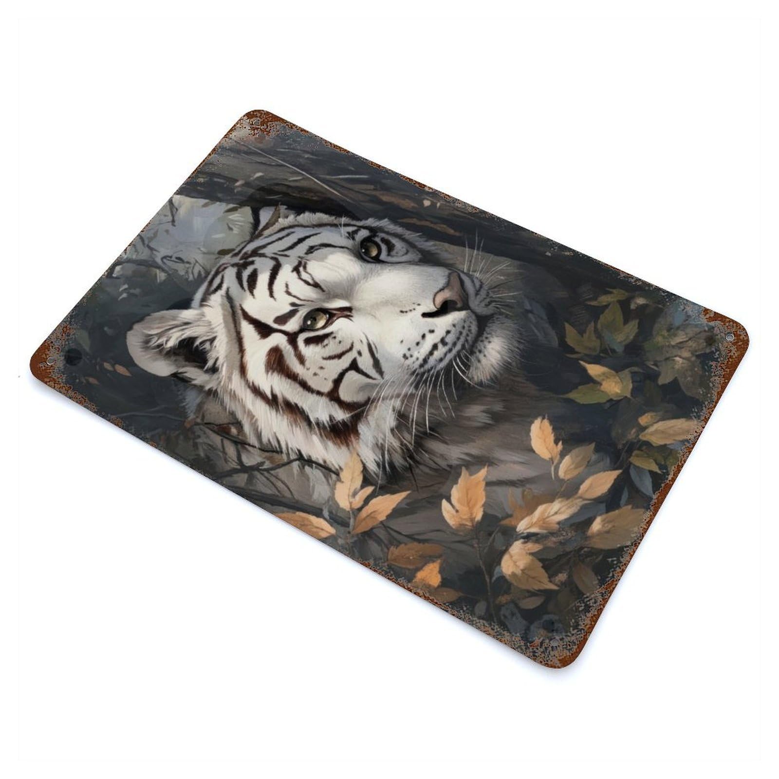 White Tiger Portrait Rustic Tin Plaque 11.8"x7.9", Ideal for Shed, Workshop And Garage Wall Decor