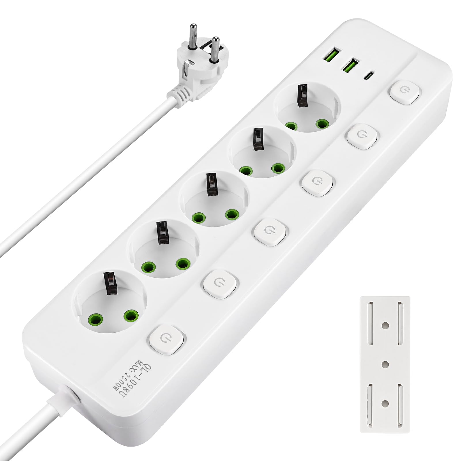 Herboom Steckdosenleiste Einzeln Schaltbar, 5 Fach Mehrfachsteckdose mit 2 USB B und Type C, Mehrfachsteckdose Wandmontage 2500W, 2M Verlängerungskabe mit Streifenhalte, Weiß