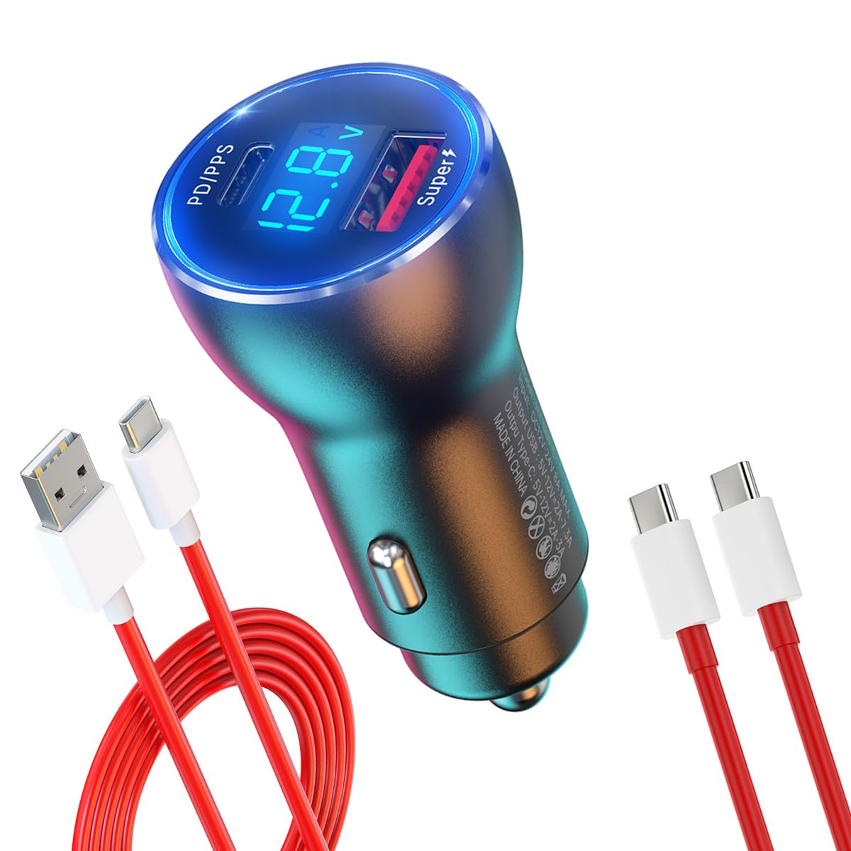 for One Plus Car Charger Super 100W 80W 65W Charge for OnePlus 13 12 13R 12R 11 10 Pro 9 10T 8T 8 7T 7 Open Pad Nord CE 3 4 N20 N100 N300, 25W PD Fast Charger for Samsung iPhone, 2Pack Cable