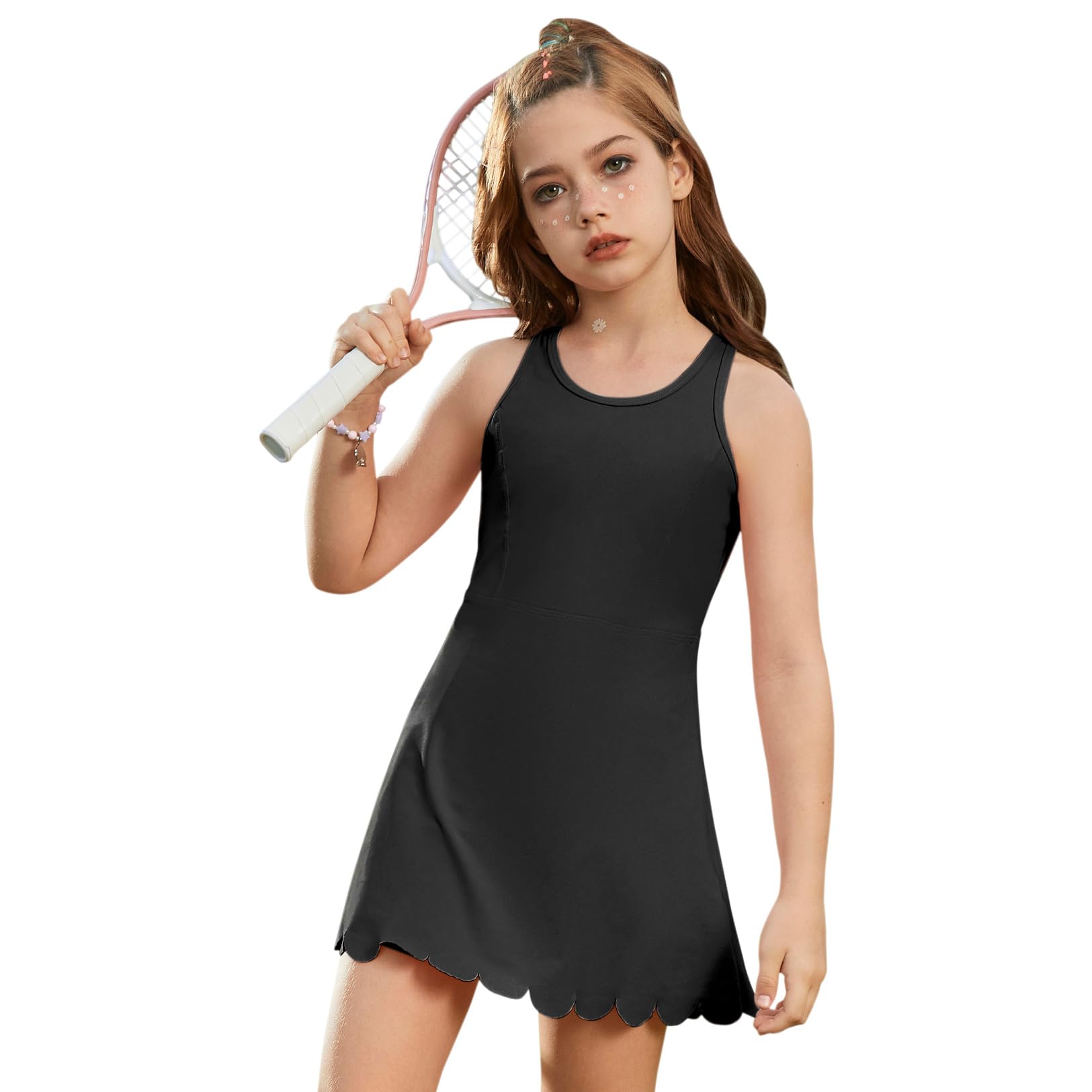 Girls Tennis Dress Sleeveless Pickleball Athletic Dress Golf Outfit with Detachable Built-in Bra & Shorts Pockets