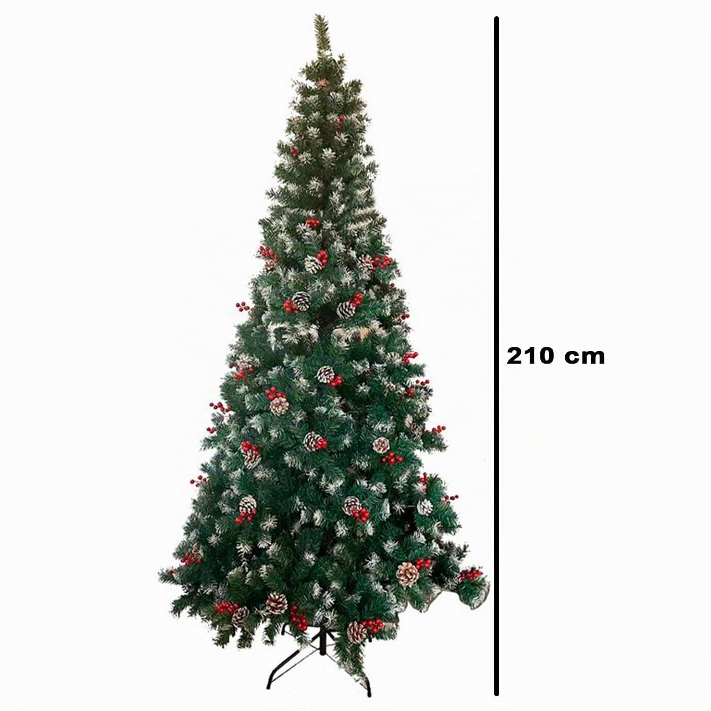 Tradineur - Árbol de Navidad con piñas y Bayas, Pino Artificial Verde con Puntas Blancas, Estructura de plástico y Metal Revestido, Robusto y Duradero, fácil Montaje, 210 cm