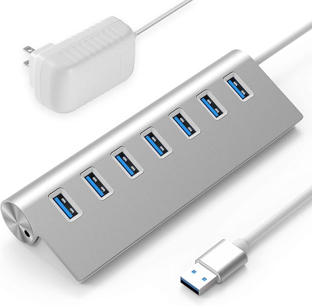 Rybozen 7-Port USB 3.0 Hub, Aluminum3.0 with 5V/4A 20W Power Adapter and 4.9Ft USB Cable, USB Hub for MacBook, Mac Pro, Mac Mini, Laptop, Desktop