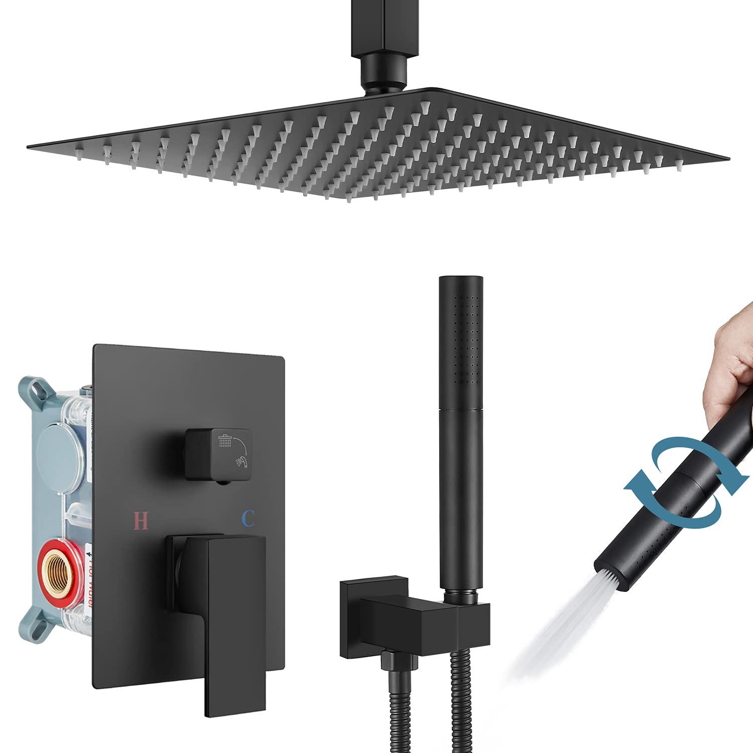 Ceiling Mount Shower Faucet Set Matte Black 12 Inch Square Showerhead