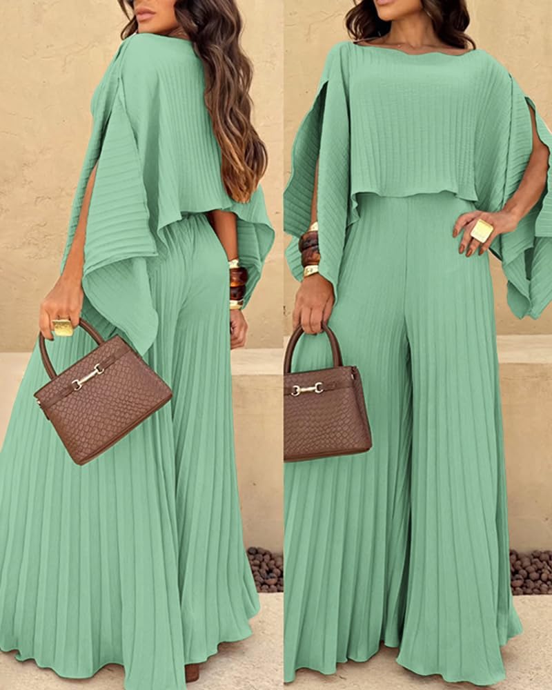 CHICME Women's 3 Piece Pleated Outfits One Shoulder Tops with High Waisted Wide Leg Pants Casual Vacation Outfit - Image 5